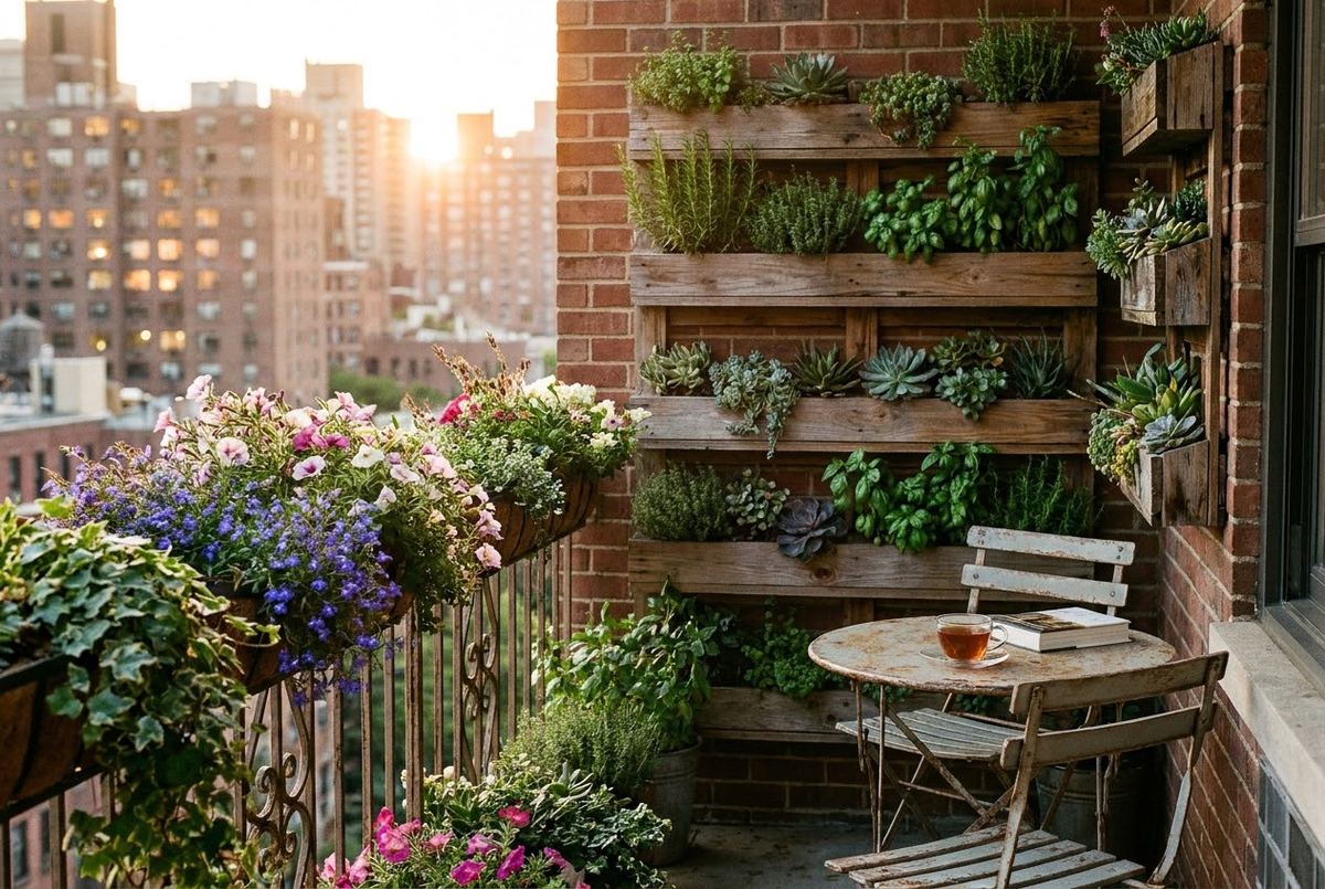 A cozy balcony filled with potted herbs, flowers, and compact vegetables