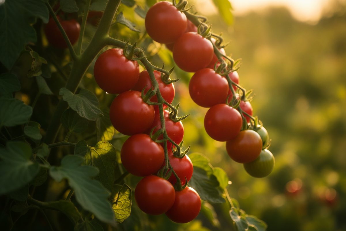 Ripe red tomatoes hanging on the vine in a sunny garden with green foliage in the background