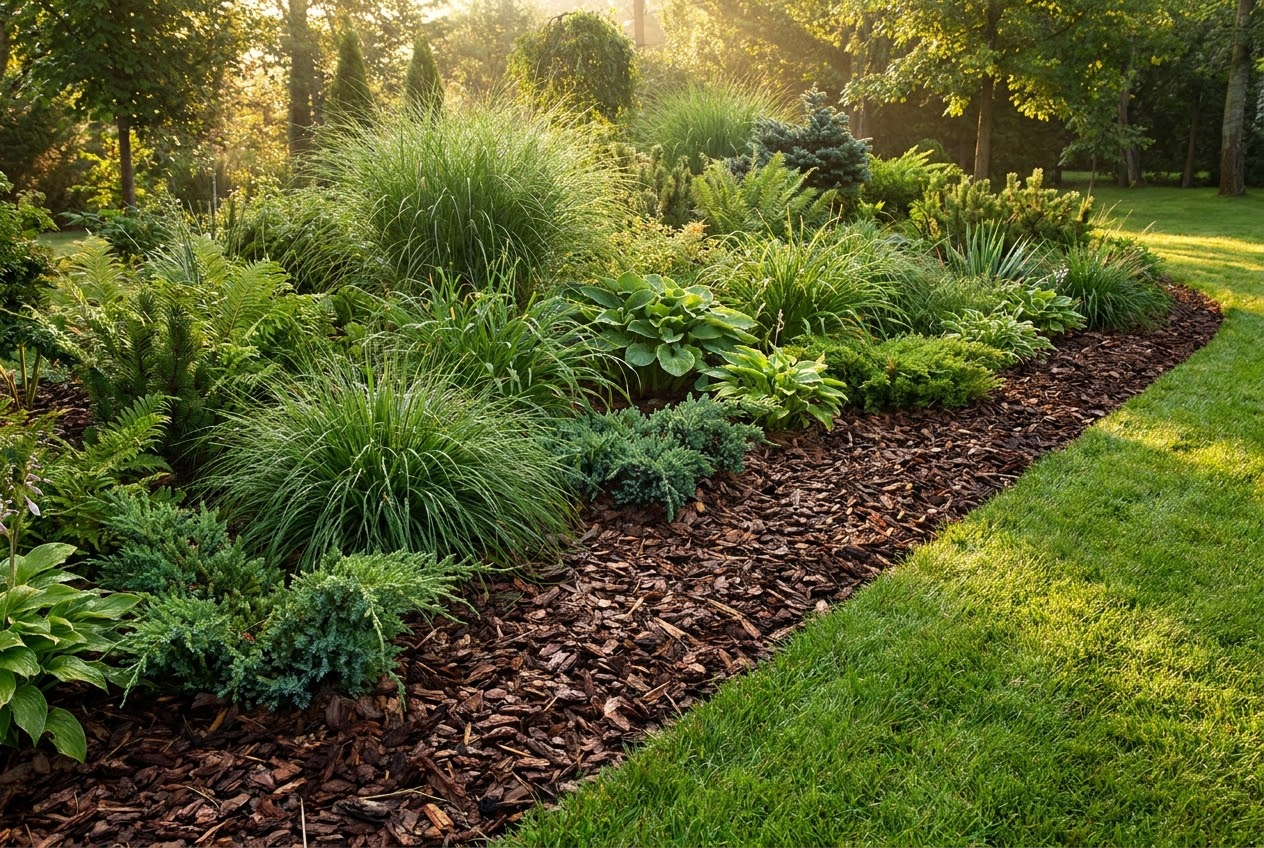 A thick layer of straw mulch around tomato plants