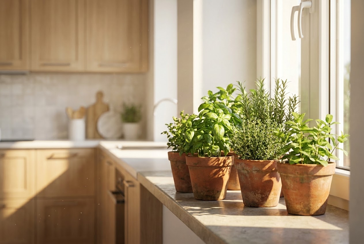Colorful pots of fresh basil, rosemary, thyme, and mint growing on a sunny kitchen windowsill