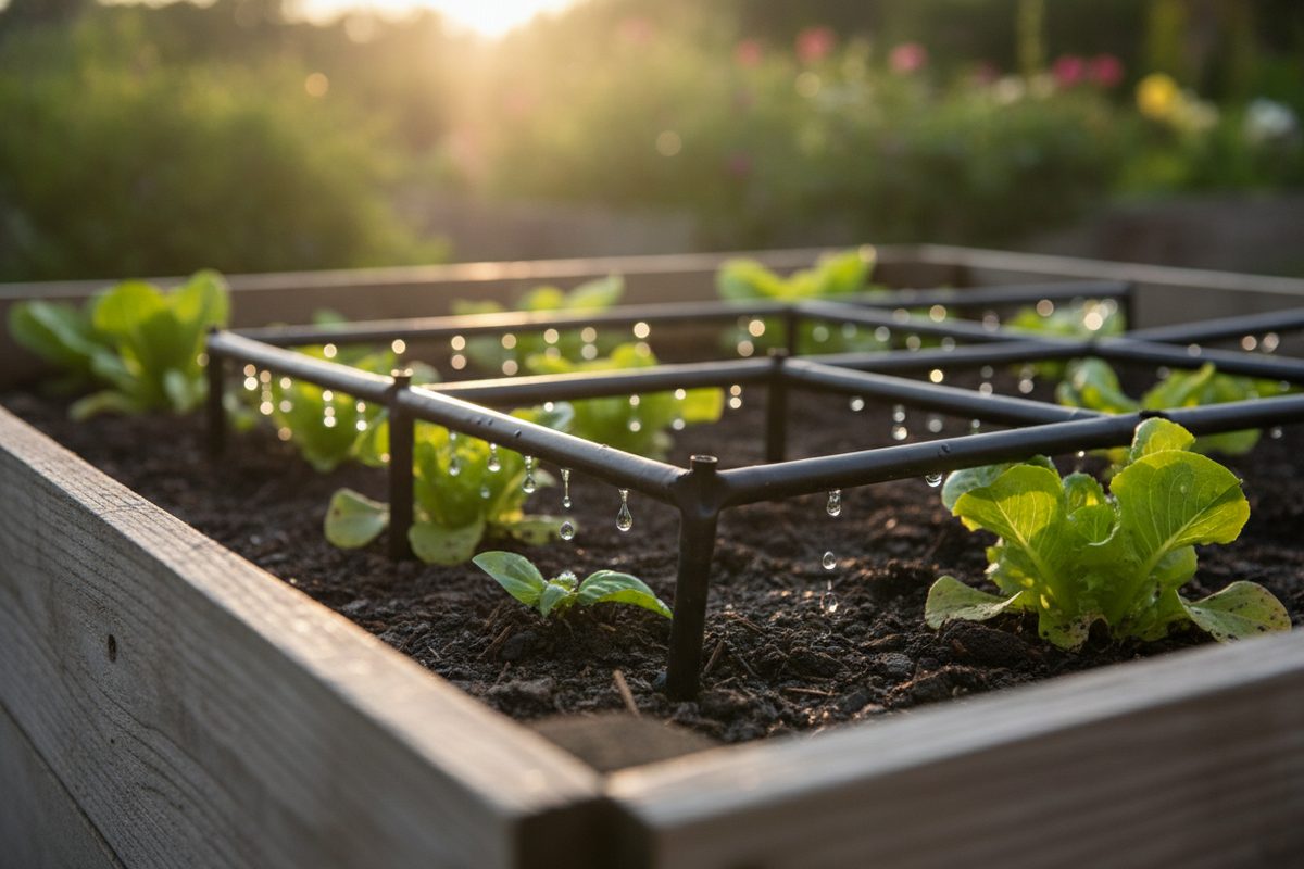 A drip irrigation line delivering water to the base of tomato plants