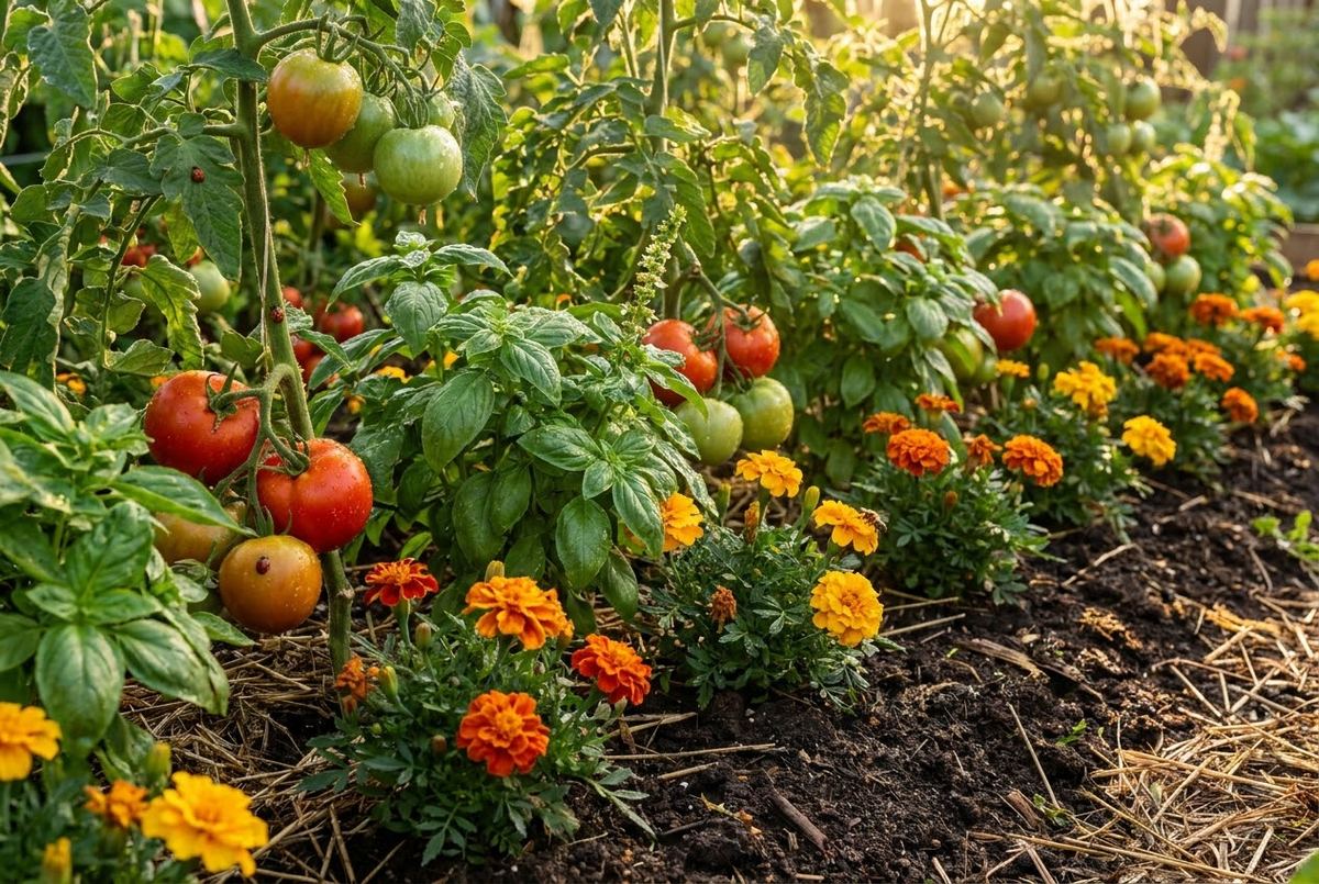 A diverse vegetable garden with tomatoes, basil, and marigolds growing together as companion plants