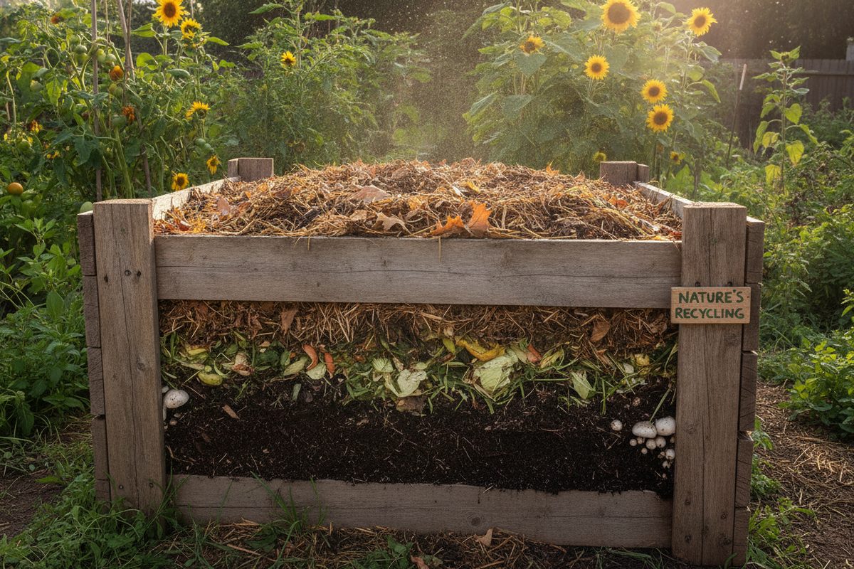A compost bin filled with layers of brown and green organic materials, showing the decomposition process