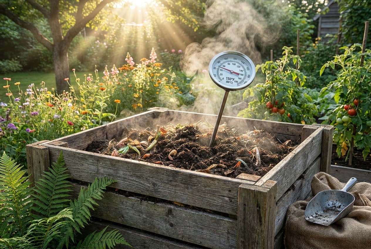 A gardener examining a compost pile with a thermometer