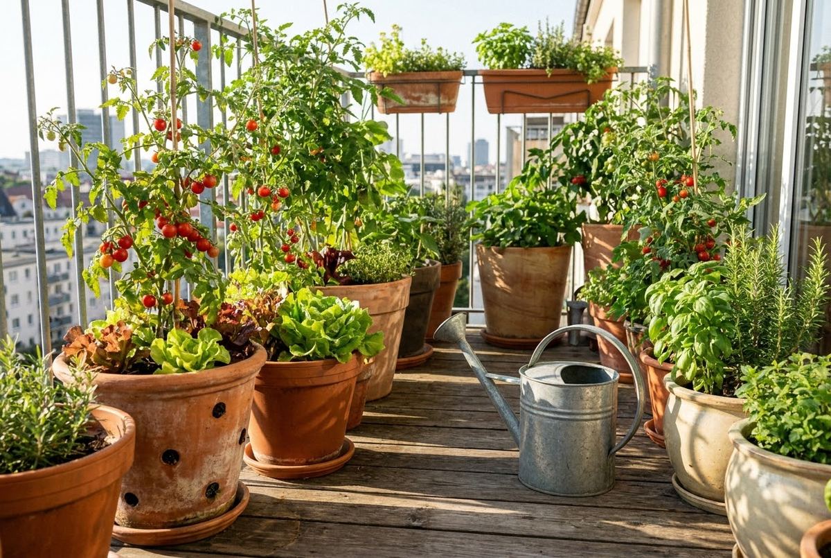 Colorful pots and planters arranged on a sunny patio with vegetables and herbs