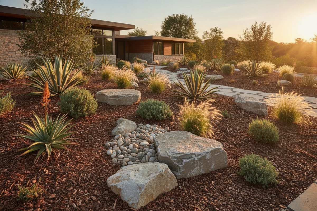 A drought-tolerant garden with succulents, native grasses, and decorative gravel
