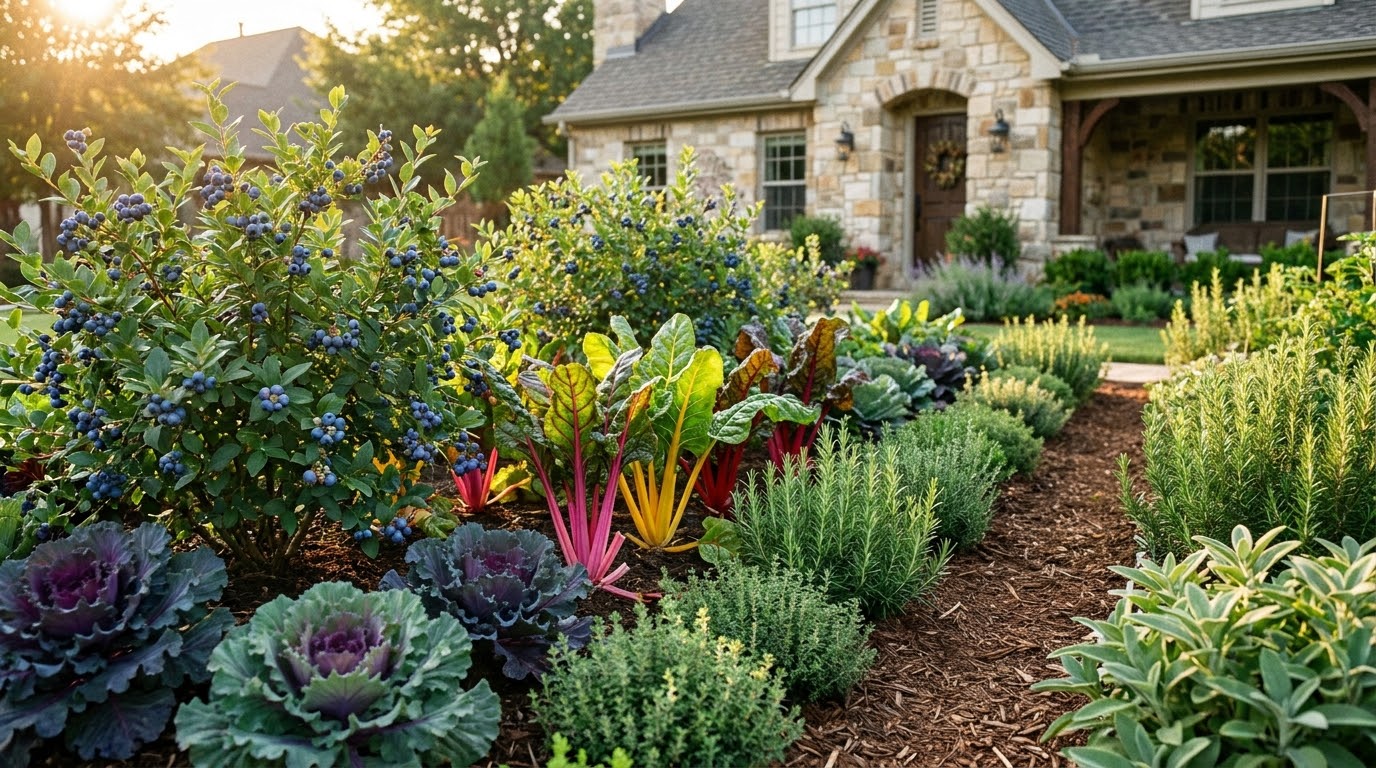 A front yard with ornamental kale, herbs, and blueberry bushes mixed with flowers