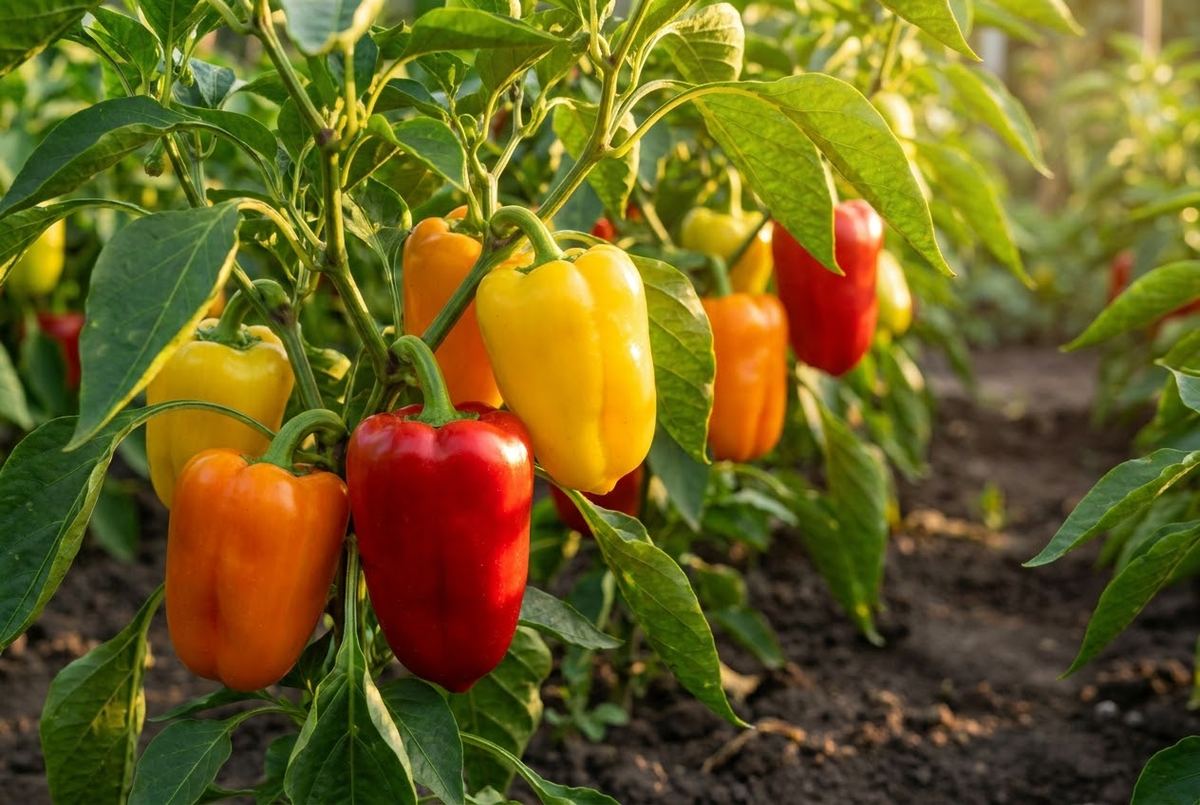 Red, yellow, and green bell peppers growing on compact plants in a sunny garden