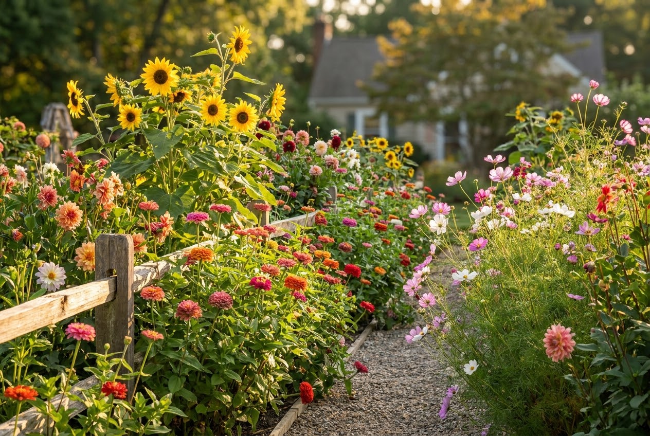Vases of freshly cut flowers including zinnias, dahlias, and sunflowers