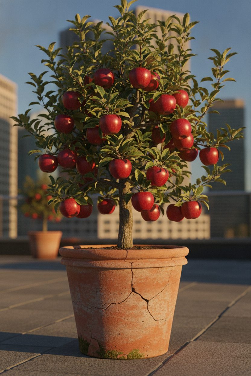 Dwarf apple trees laden with red fruit in a small backyard