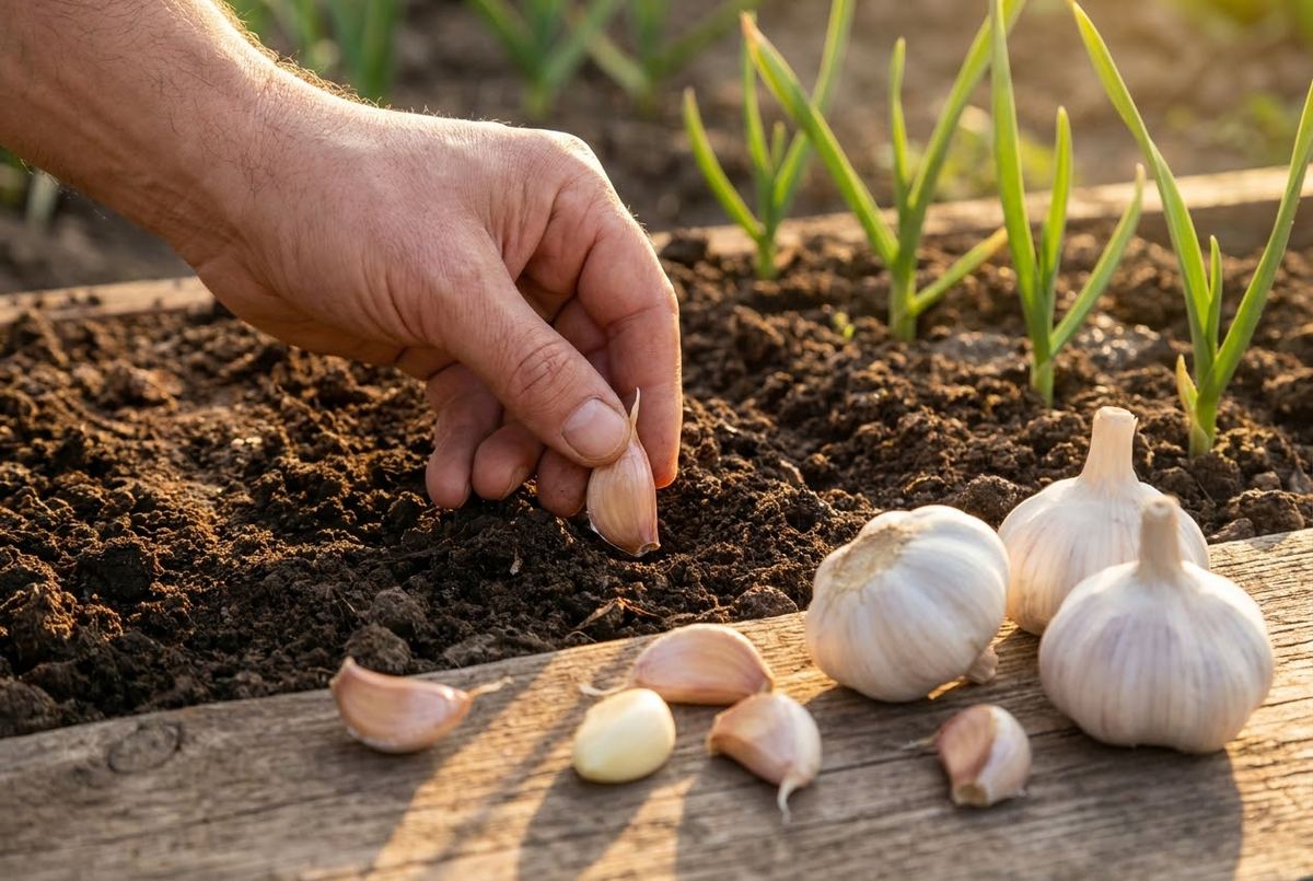 Freshly harvested garlic bulbs with green tops drying on a garden bench