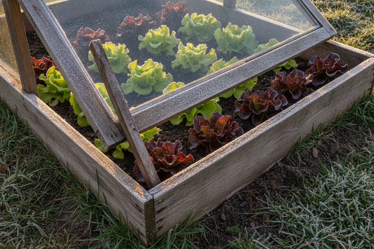 Rows of green and red lettuce growing in a raised garden bed