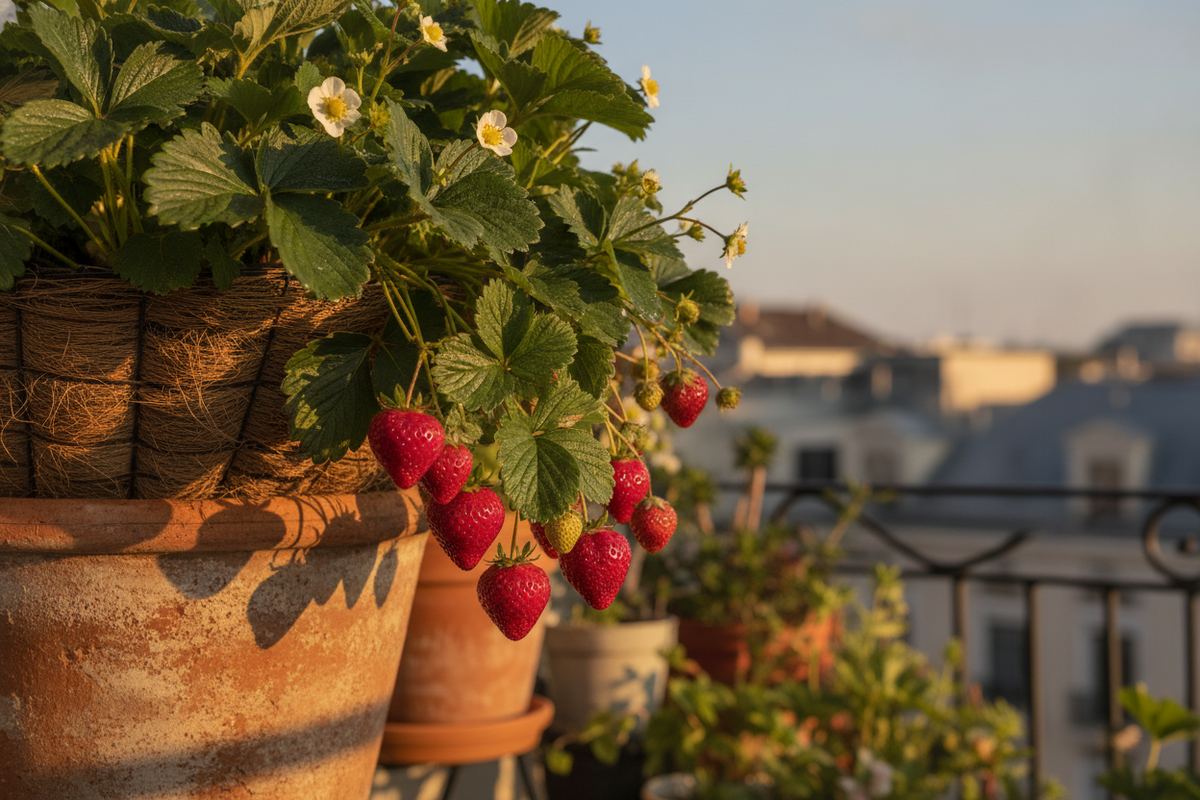 Ripe red strawberries cascading from a terracotta strawberry pot