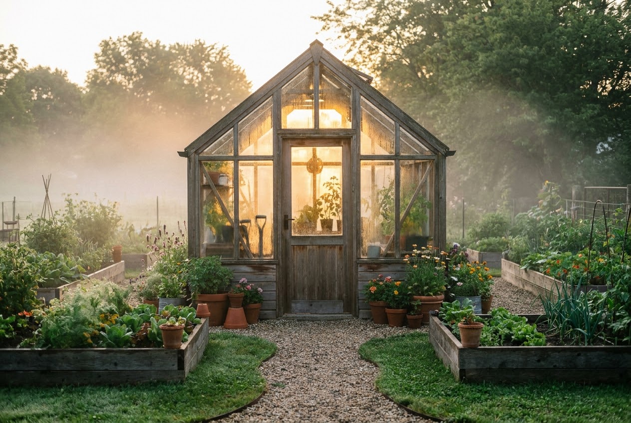 A small backyard greenhouse made from reclaimed windows and wood