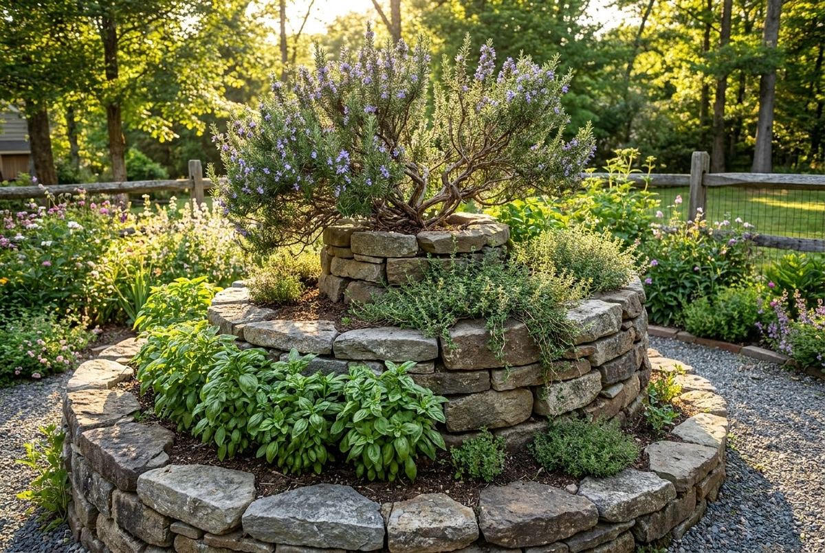 A stone herb spiral with thyme, rosemary, basil, and parsley growing at different levels