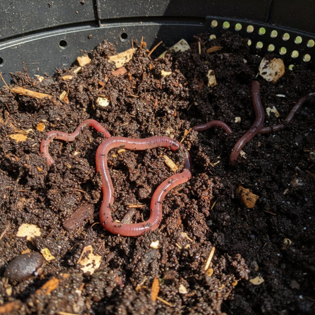 Close-up of red wiggler worms working through dark rich vermicompost in a plastic bin