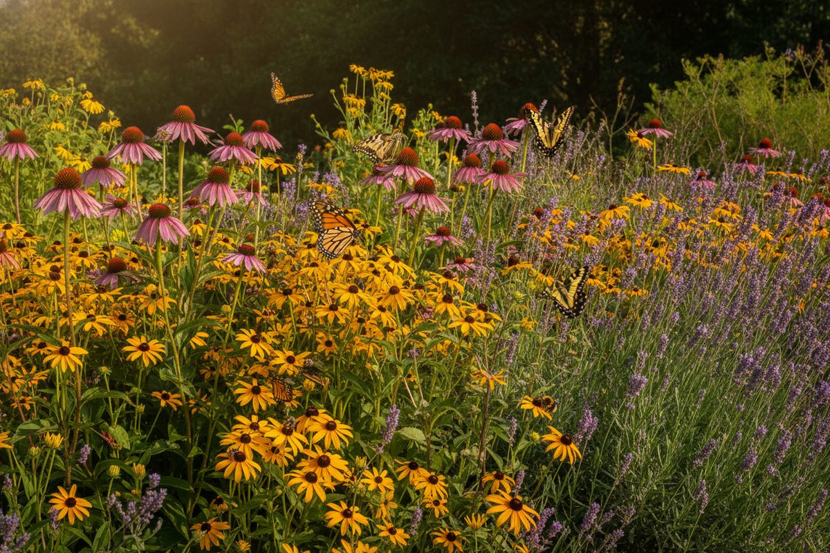 Butterflies and bees visiting colorful wildflowers