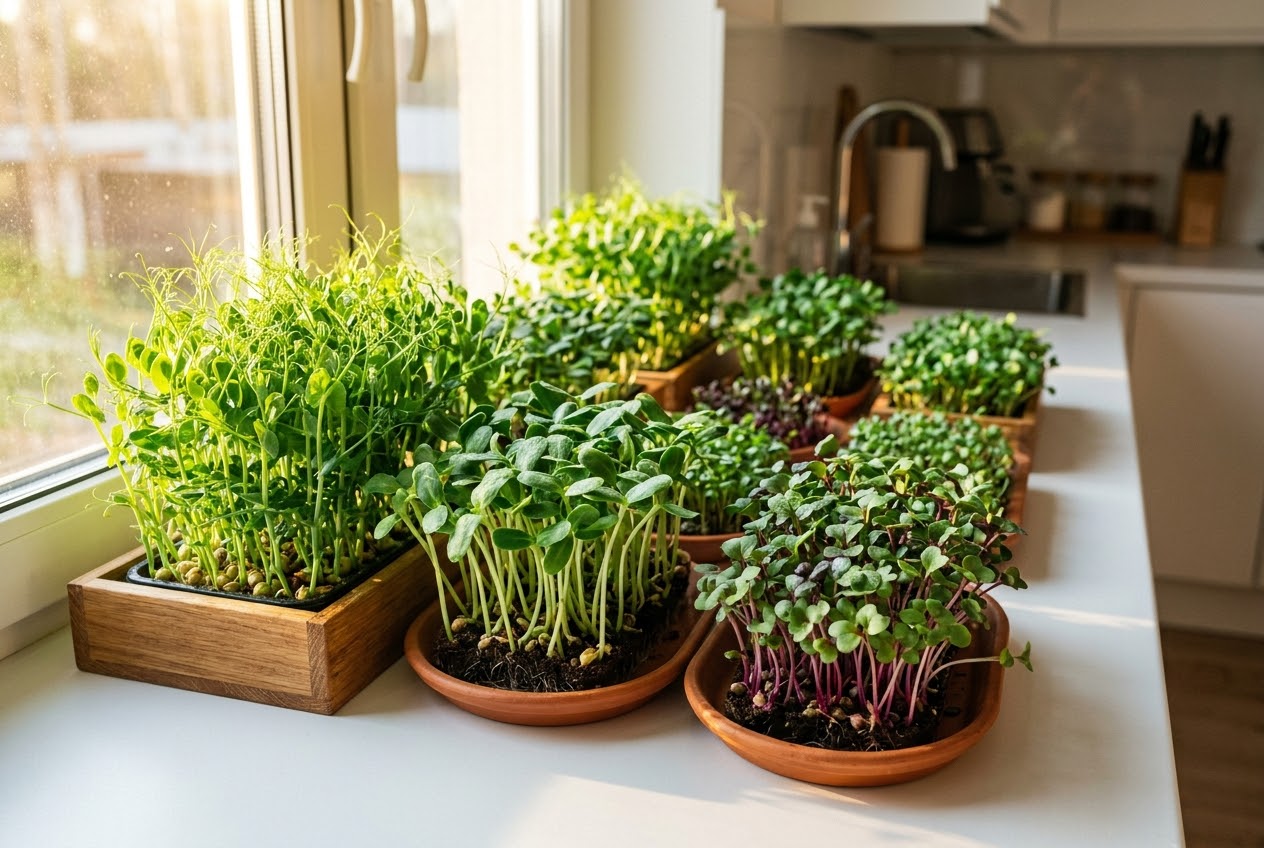 Trays of vibrant green microgreens growing on a kitchen counter