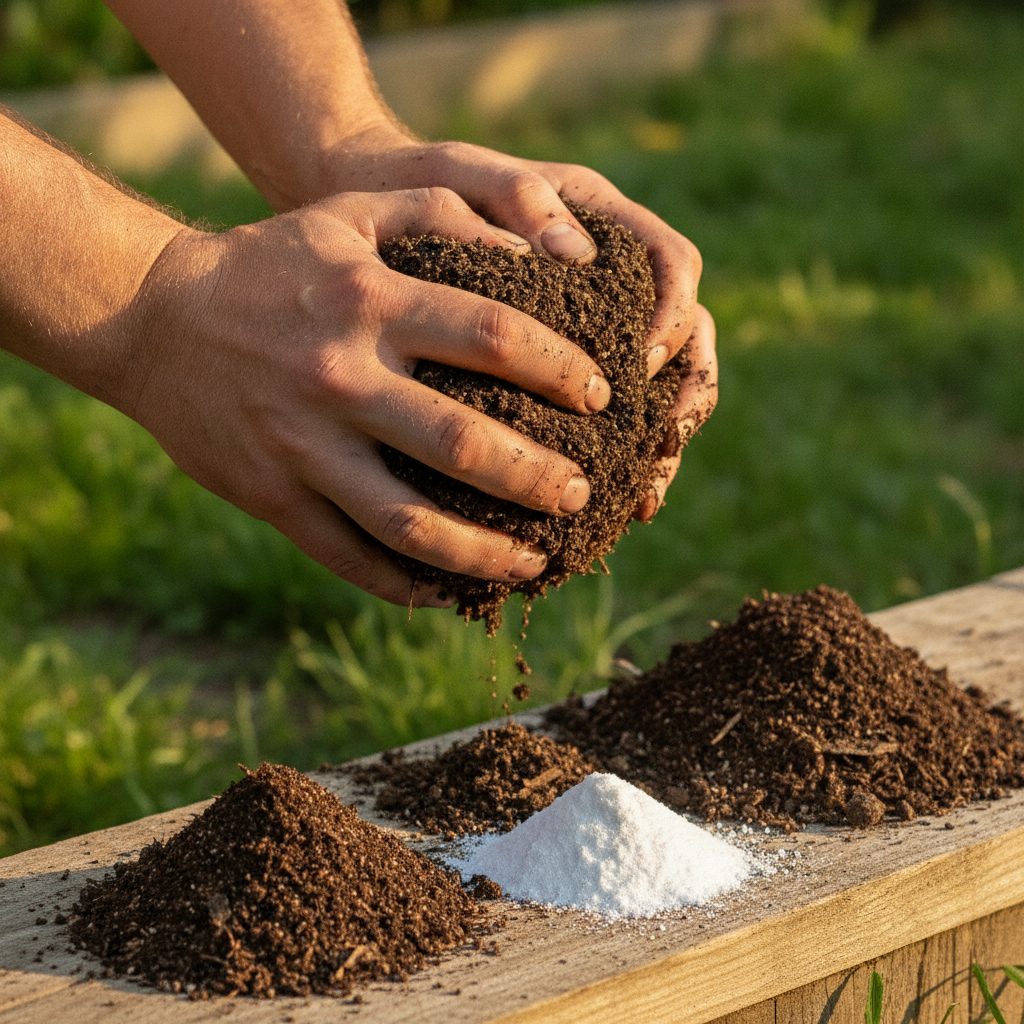 Hands holding heavy clay soil mixed with organic matter