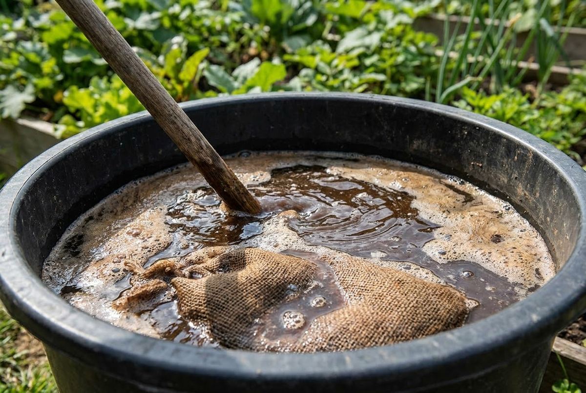 A bucket of rich brown compost tea being poured around vegetable seedlings
