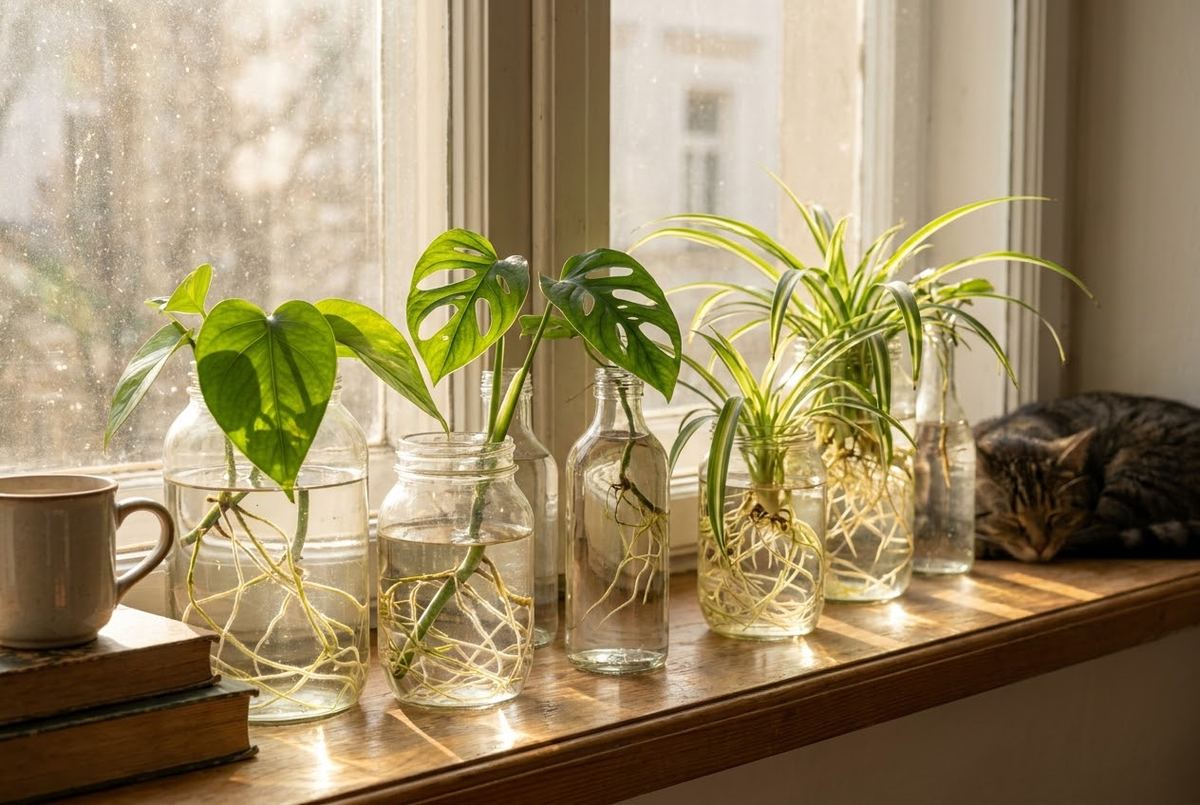 Pothos cuttings rooting in a small glass jar of water on a windowsill