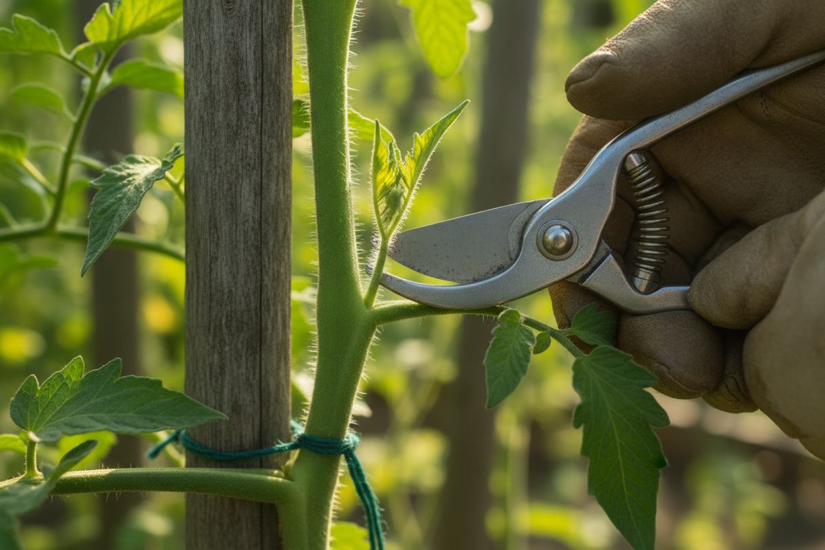 Gardener removing a sucker from a tomato plant with clean pruning shears