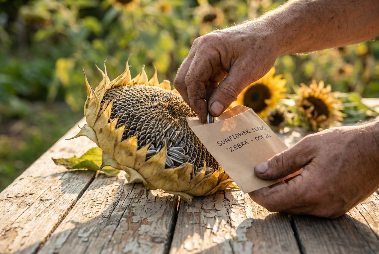 Hands holding dried seed pods over labeled paper envelopes