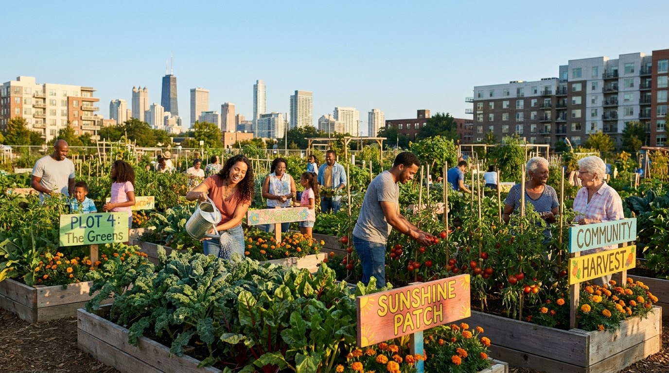 Neighbors working together in a shared community garden space