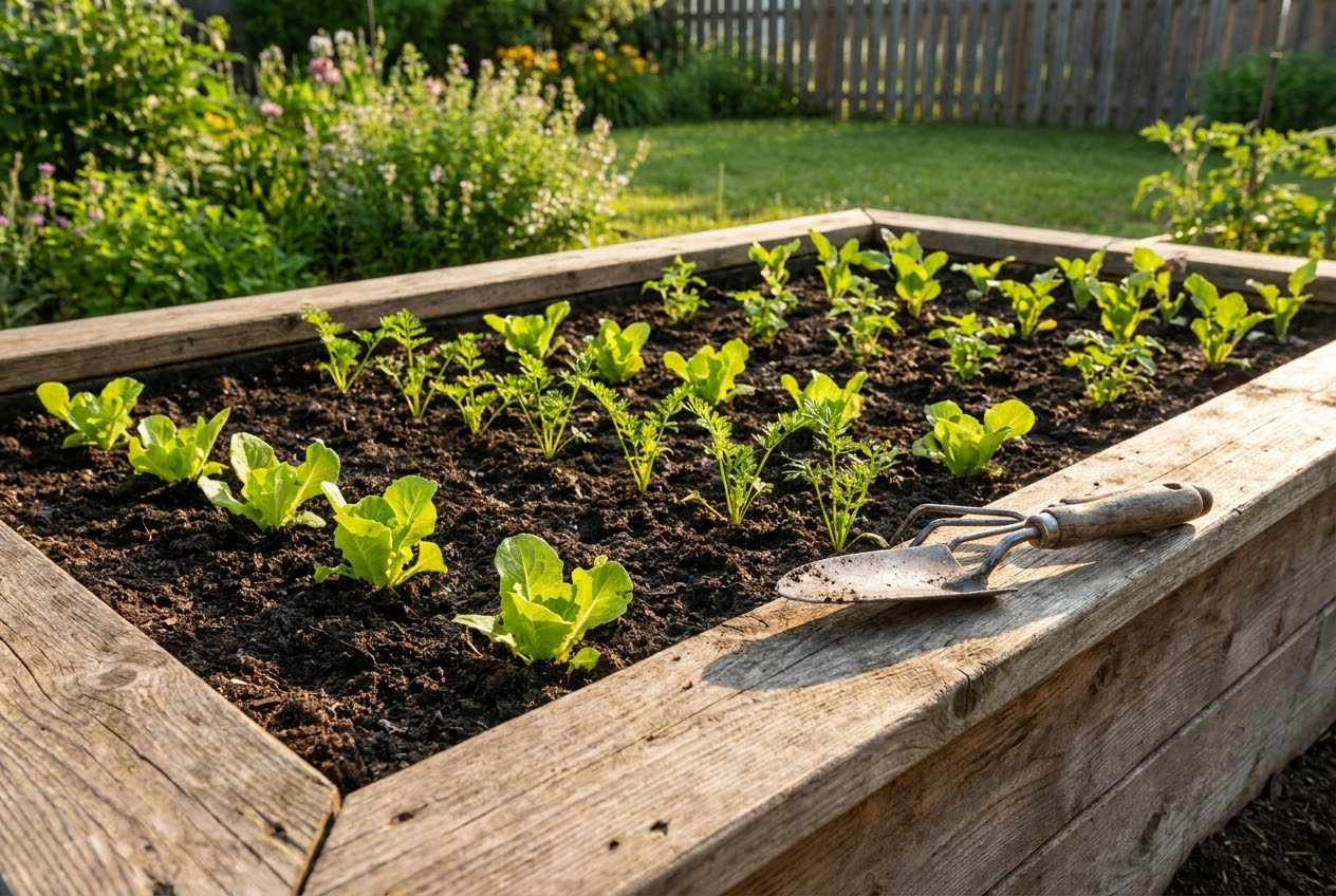 A freshly prepared vegetable garden bed with rich dark soil and seedlings in neat rows