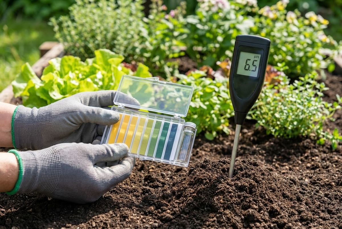 A soil pH test kit showing color results next to a garden trowel