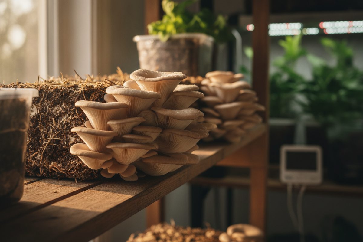 Pink oyster mushrooms growing from a log kit indoors