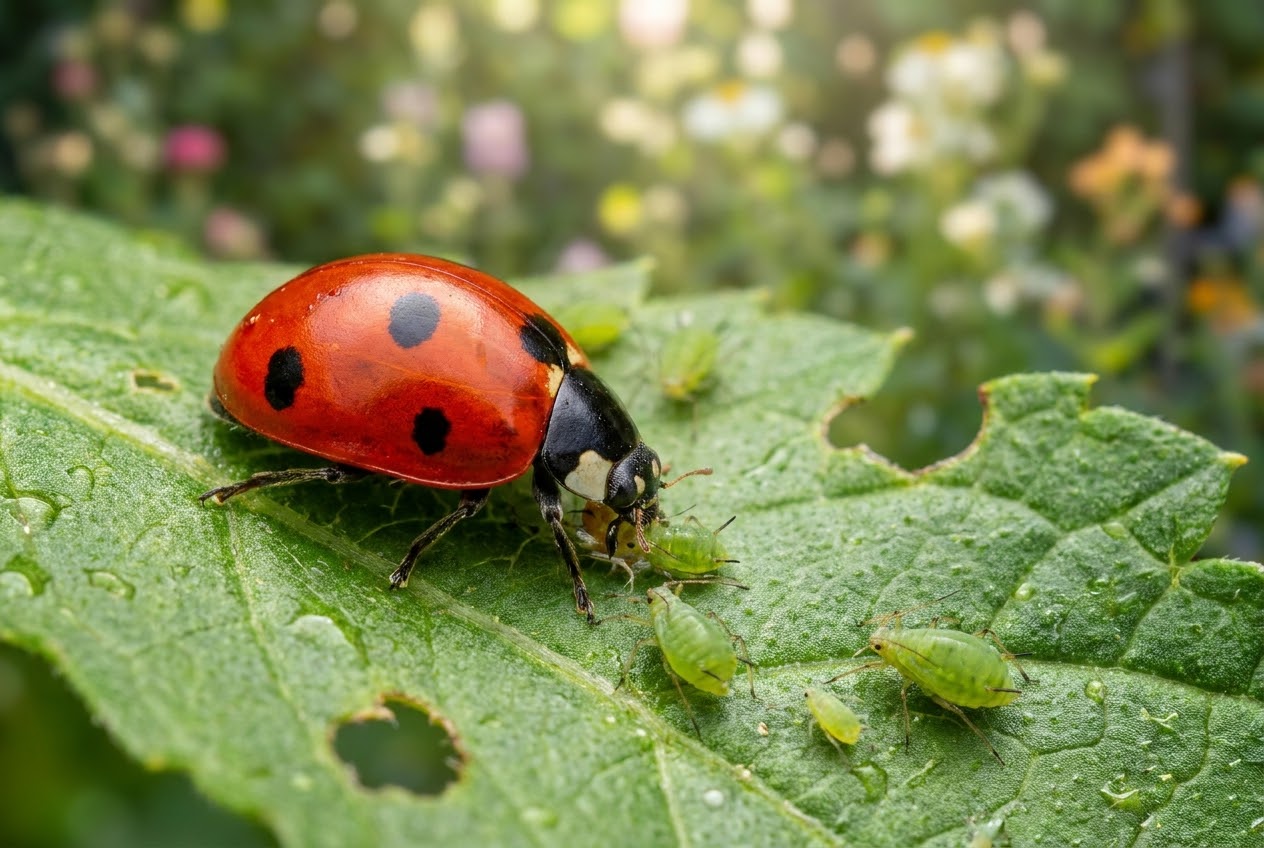 A ladybug on a green leaf controlling aphids naturally