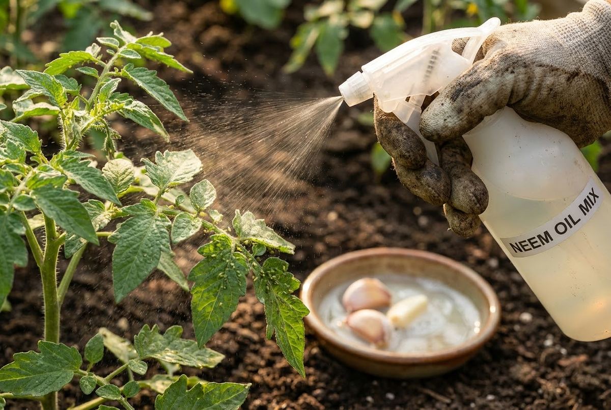 A spray bottle misting a tomato leaf with homemade natural pest spray