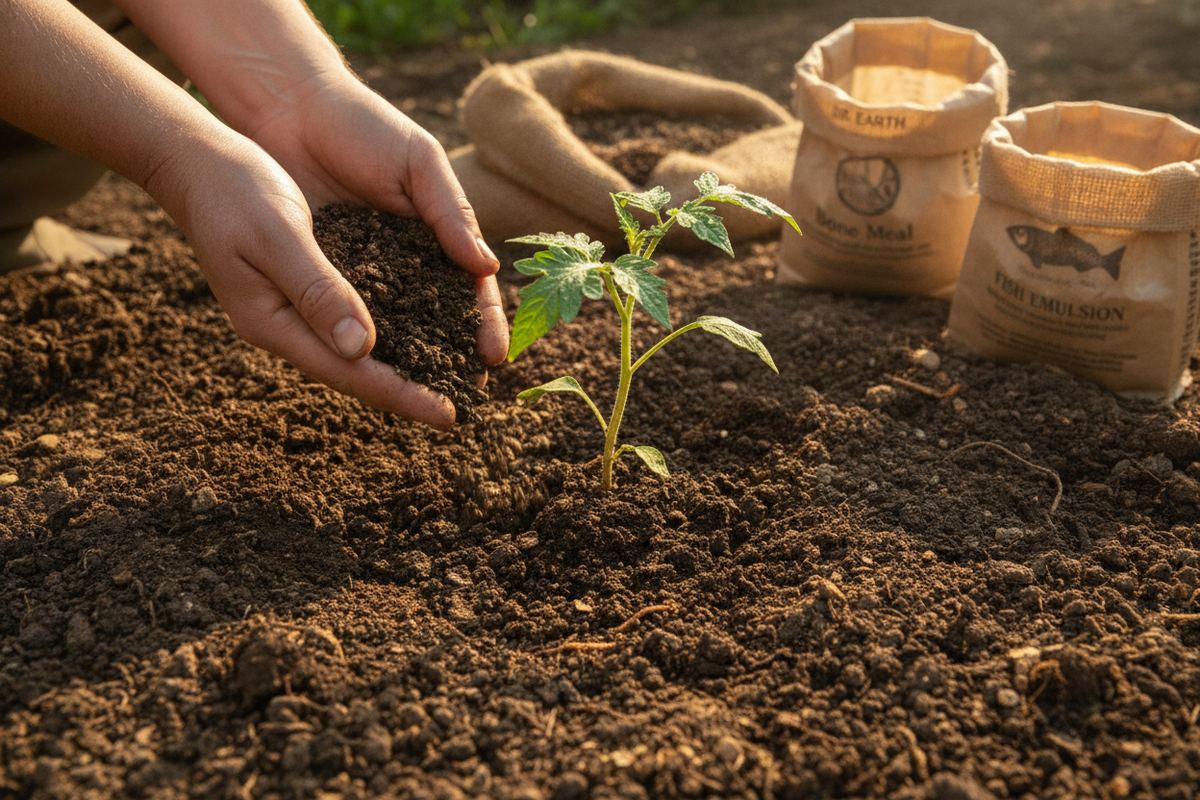 Hands sprinkling organic granular fertilizer around young vegetable plants
