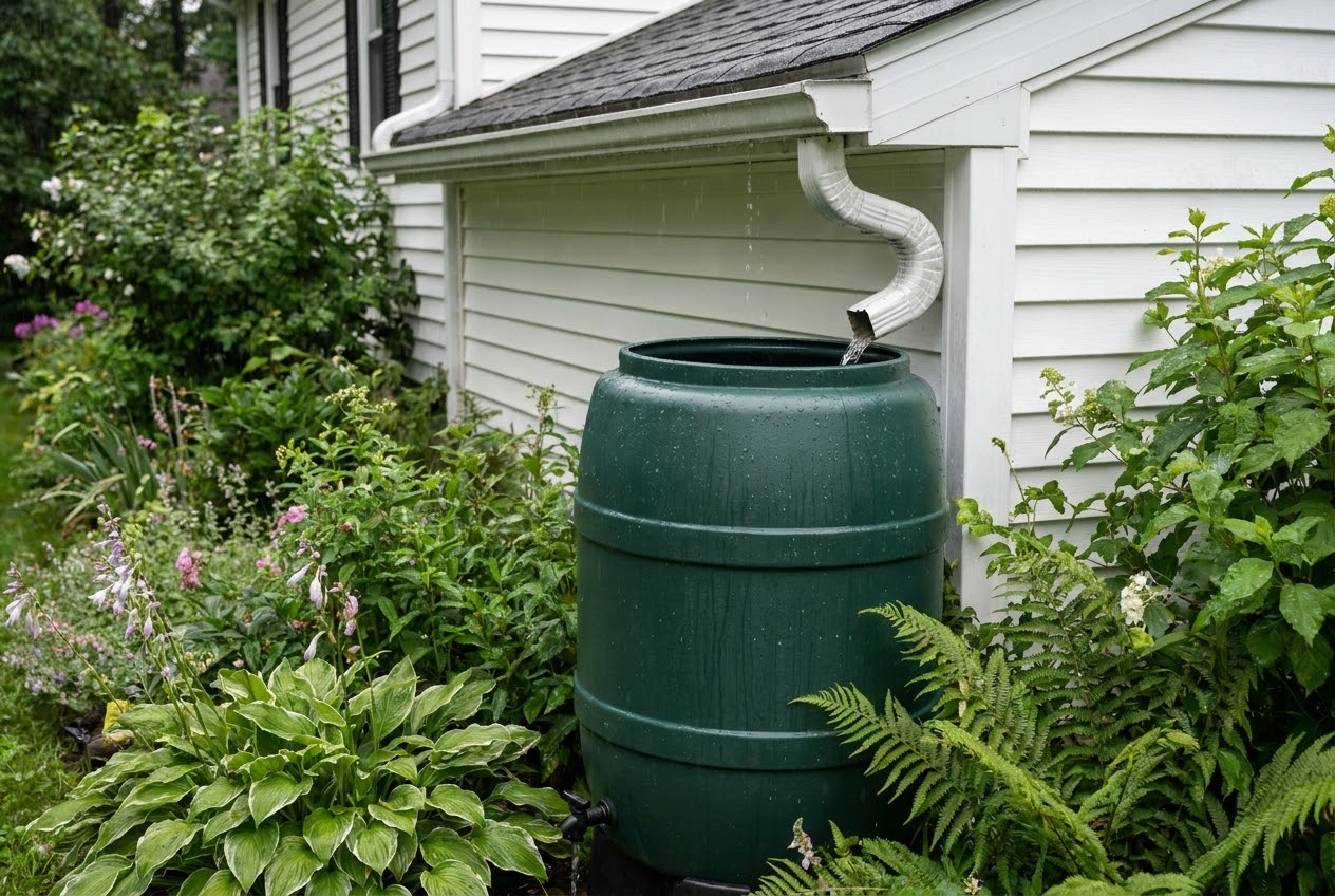 Rain barrels connected to a downspout