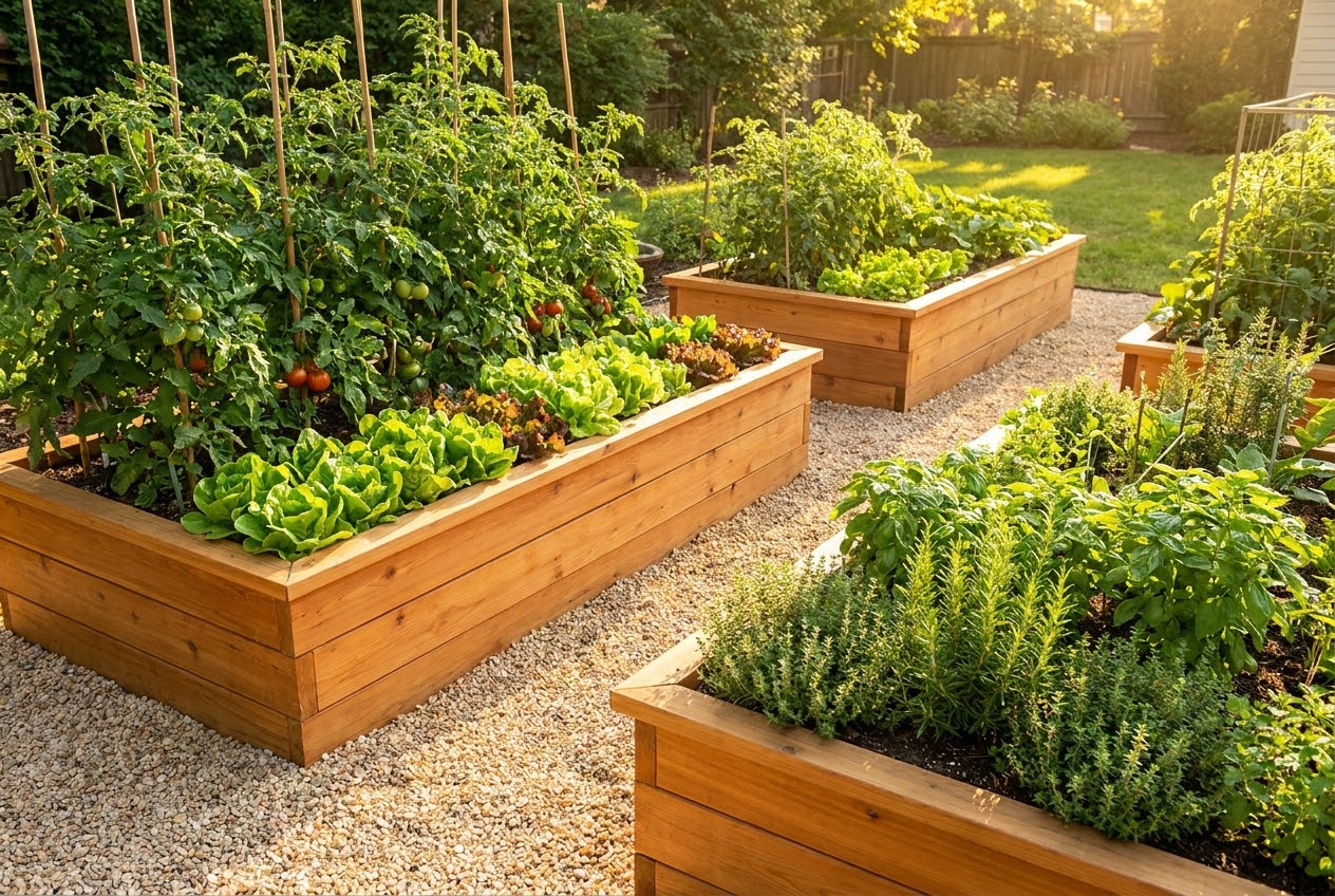 Wooden raised garden beds filled with rich soil