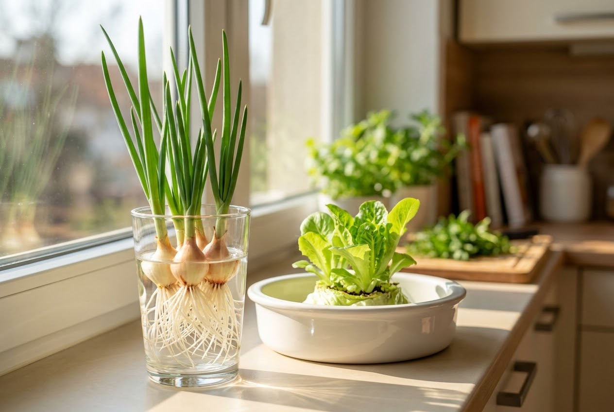 Green onions and lettuce bases regrowing in small jars on a sunny windowsill