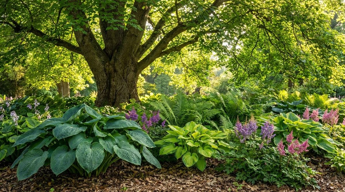 A lush shade garden with hostas, ferns, and astilbe blooming under trees