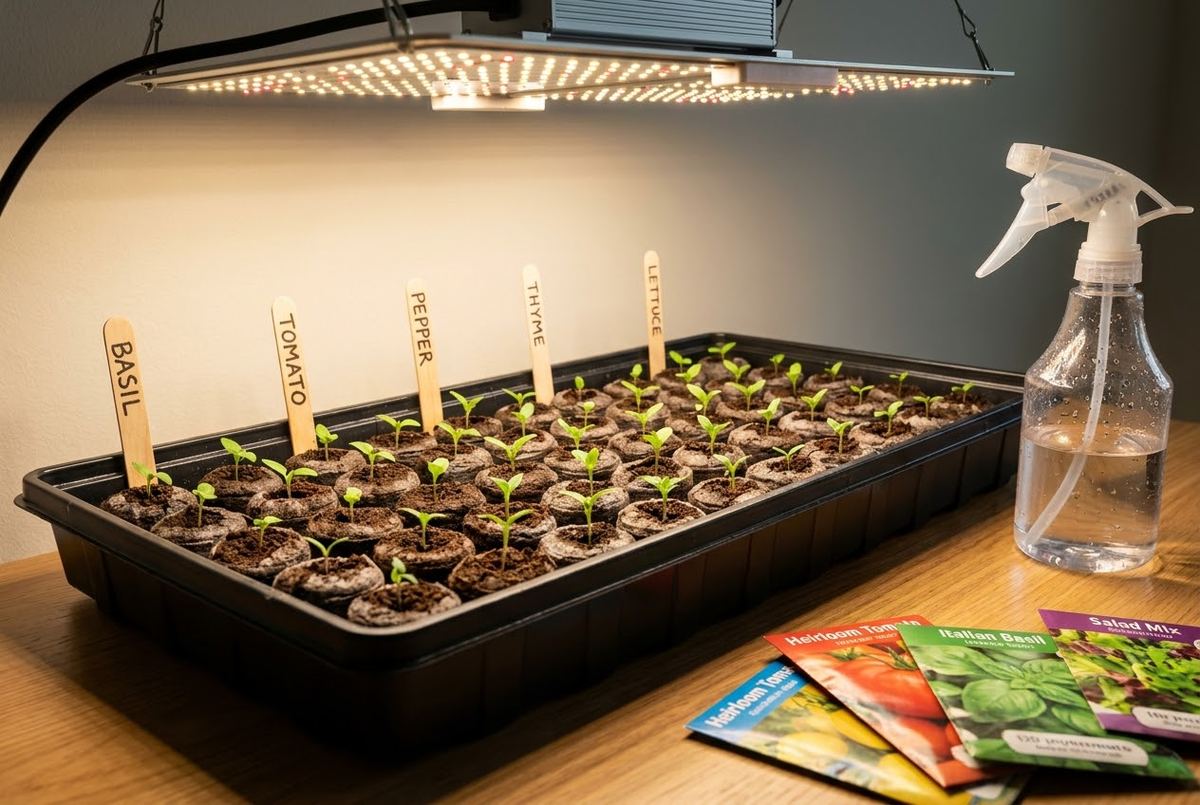 Young vegetable seedlings growing under bright LED grow lights on a shelf