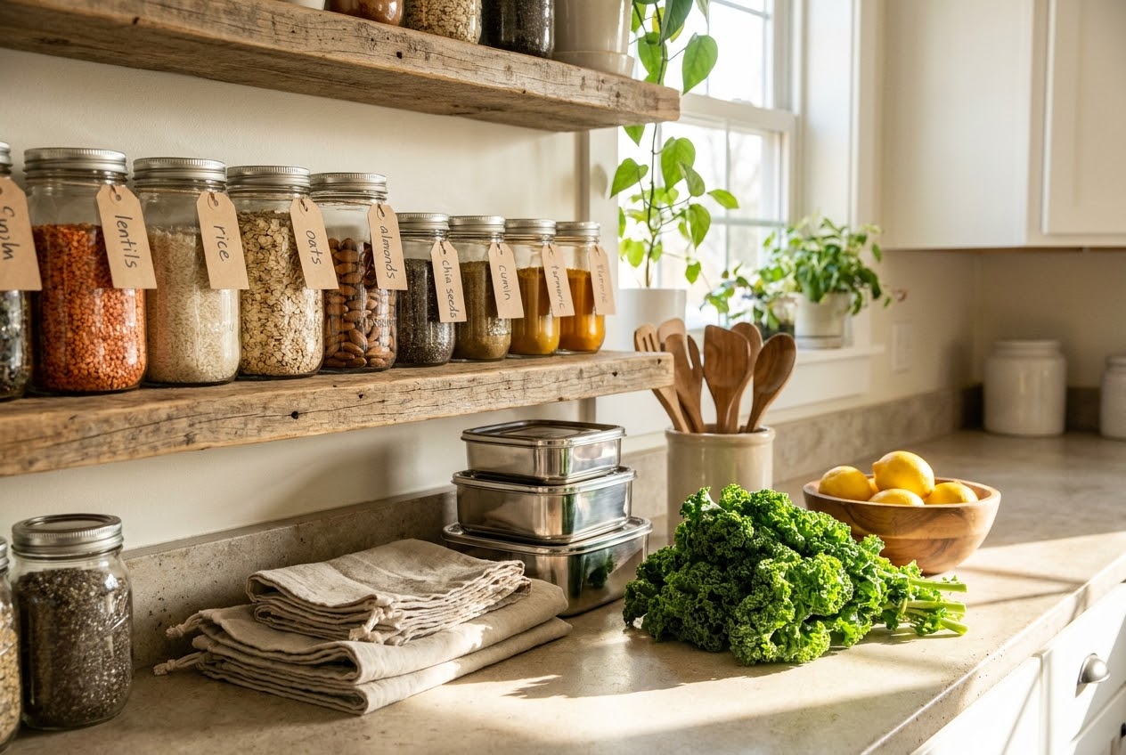 A collection of reusable items including glass jars, cloth bags, bamboo utensils, and metal straws arranged on a wooden table