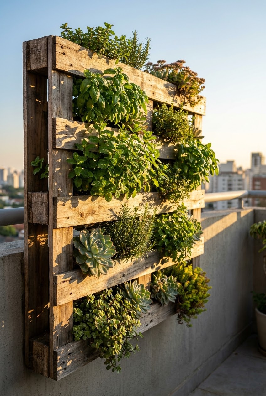 Vertical garden with climbing beans, strawberries in wall planters, and hanging baskets