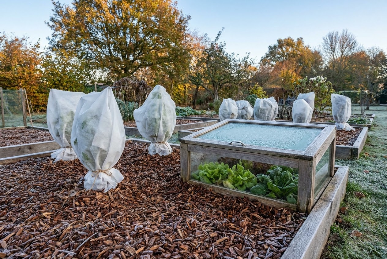 A garden bed covered with straw mulch and frost cloth for winter protection