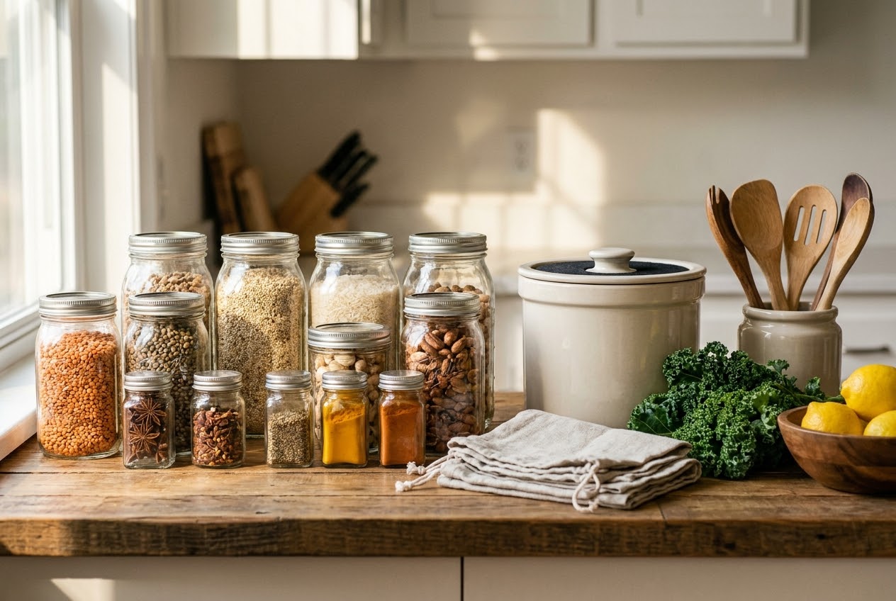 Glass jars of preserved food and reusable containers